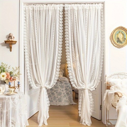Vintage French Lace Curtain Luxury 1 Panel Vintage French Lace Tulle Curtain - Romantic Geometric Hollow Pattern Sheer Drapery, Easy-Care Polyester, Rod Pocket Top - Ideal for Living Room & Bedroom
