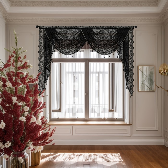 Semi-Sheer Polyester Wave Lace Valance - Chic Black Floral Jacquard Short Curtain for Kitchen & Living Room Decor with Rod Pocket Design