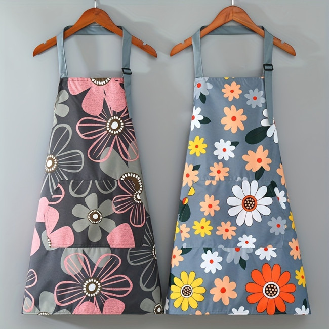 Floral & Heart Print Apron - Adjustable Neck Strap, Large Pocket, Easy-Clean PVC, Stylish Kitchen Accessory for Cooking & Gardening, 1pc