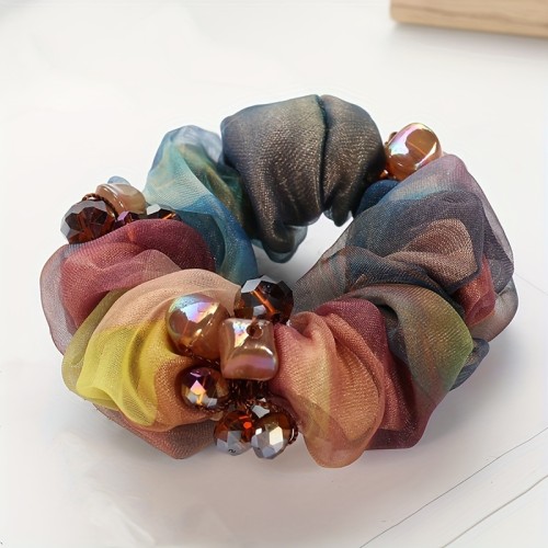 Double-Layer Beaded Hair Tie Elegant Handmade Beaded Double-Layer Hair Tie - Mesh Floral Scrunchie for Women, Colorful Ponytail Holder