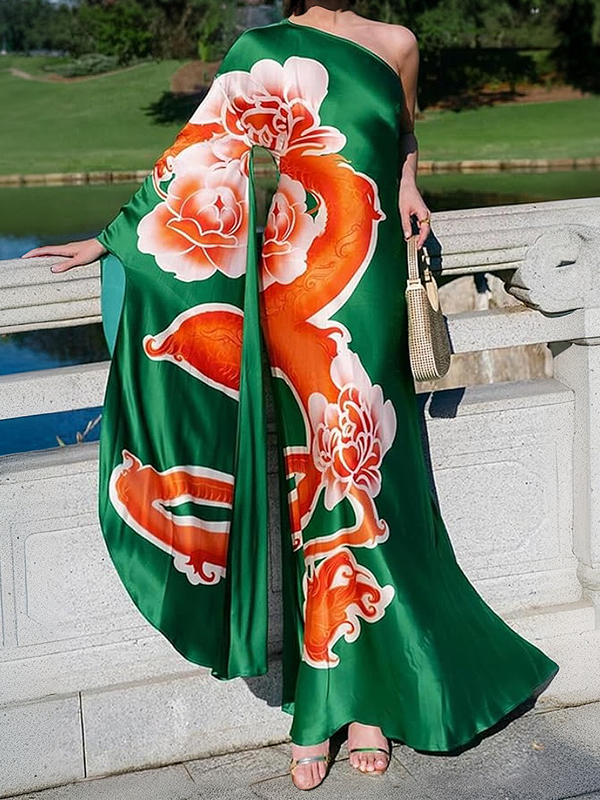 Long Sleeves Loose Asymmetric Flower Print One-Shoulder Maxi Dresses