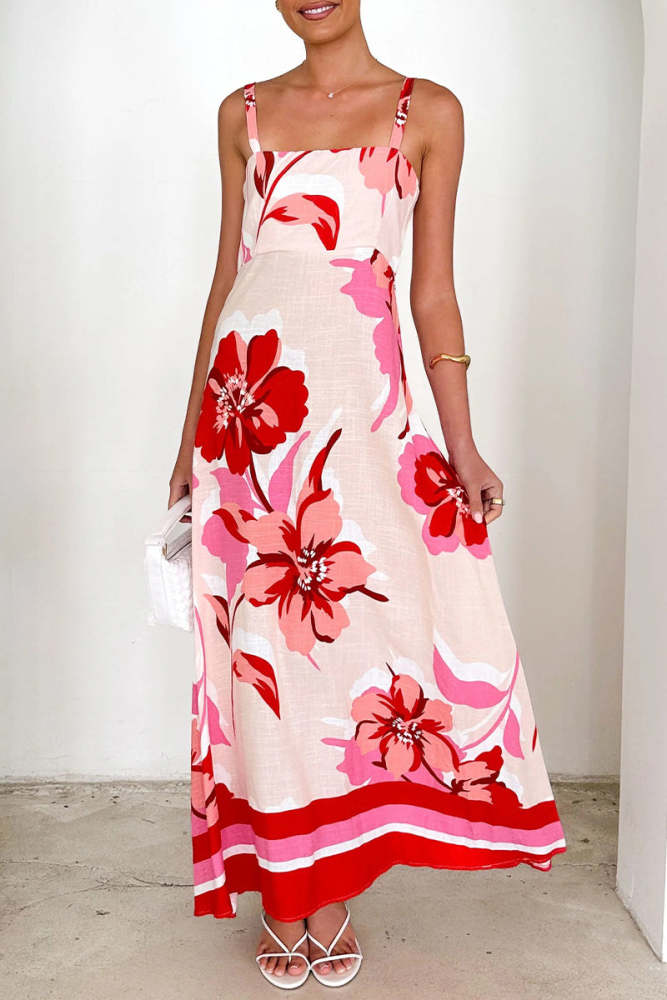 Vacation Floral Print Contrast Sling Dresses