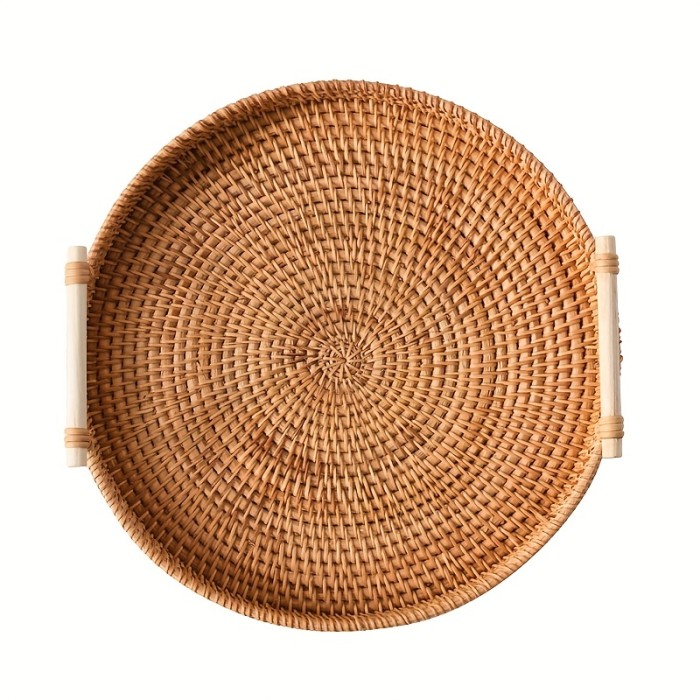 1pc Handmade Rattan Serving Tray - Double Ear Tea Tray, Fruit Plate, Bread Snack Basket, Storage Woven Basket, Heat Insulation, Perfect for Home Kitchen Supplies