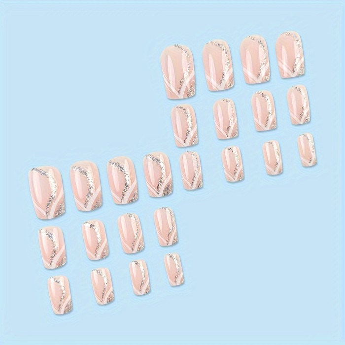 24 Pcs Medium-Length Square Press-On Nails, Pink Glitter Stripe with Glossy Finish for Women and Girls, Reusable Artificial False Nail Set