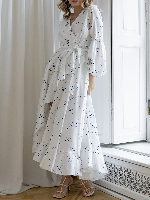 High Waisted High-Low Pleated Polka-Dot Tied Waist V-Neck Maxi Dresses