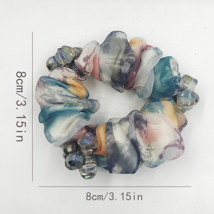 Double-Layer Beaded Hair Tie Elegant Handmade Beaded Double-Layer Hair Tie - Mesh Floral Scrunchie for Women, Colorful Ponytail Holder