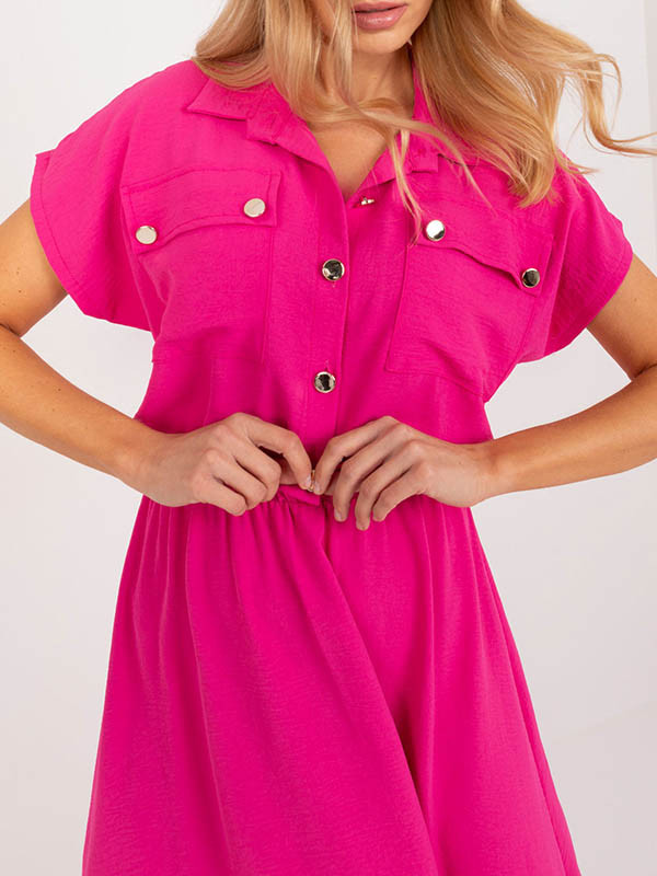 A-Line High Waisted Buttoned Pleated Solid Color Lapel Midi Dresses