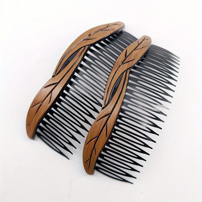 2-Pack Vintage Wood Hair Comb 2-Pack 13cm Vintage Wood Grain Hair Comb Set, Elegant Plastic Hair Claw, Solid Color, Straight Bar Style, Hair Accessories for Hairstyling