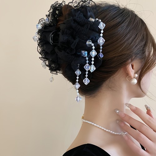 1pc Elegant French Luxury Princess Style Acrylic Mesh Lace Ruffle Tassel Hair Claw, Sweet Medium Size Single Piece Solid Color Hair Accessory