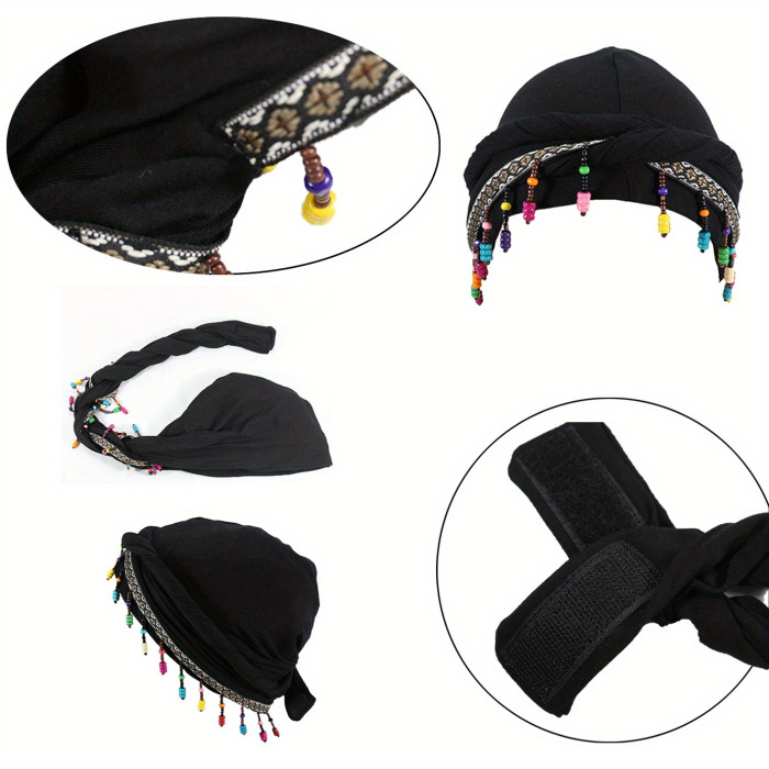 Ohrmbya Women's Fashion Headband - Moisture Wicking, Adjustable, Modal Material, Satin Lined, Beaded Turban Hat for All-Season Wear, 1pc