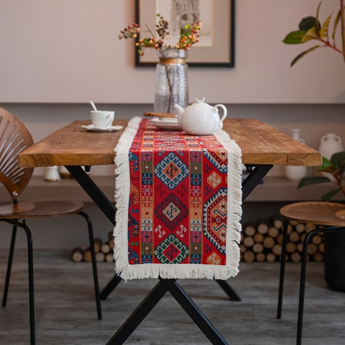 100% Polyester Rectangular Table Runner - Elegant, Red Cashew Pattern, Floral Embroidered with Tassels for Christmas Holiday & Everyday Use