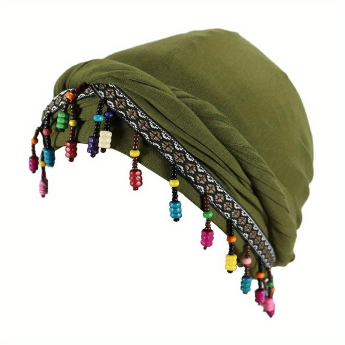 Ohrmbya Women's Fashion Headband - Moisture Wicking, Adjustable, Modal Material, Satin Lined, Beaded Turban Hat for All-Season Wear, 1pc