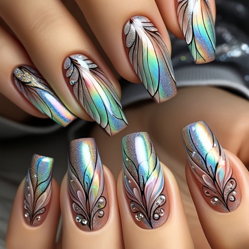 24pcs Shimmering Gradient Feather Press On Nails 24pcs Shimmering Gradient 3D Feather Press On Nails, Mid-Length Wearable Nail Art Set, Mixed Color System, Ballet Shape, Glossy Finish, with Reusable, Easy to Apply & Remove for Women and Girls
