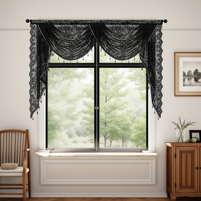 Semi-Sheer Polyester Wave Lace Valance - Chic Black Floral Jacquard Short Curtain for Kitchen & Living Room Decor with Rod Pocket Design