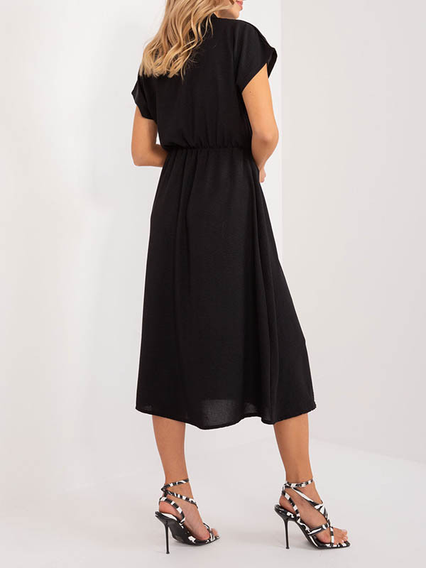 A-Line High Waisted Buttoned Pleated Solid Color Lapel Midi Dresses