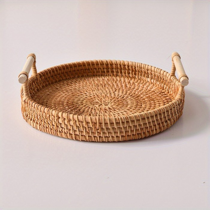 1pc Handmade Rattan Serving Tray - Double Ear Tea Tray, Fruit Plate, Bread Snack Basket, Storage Woven Basket, Heat Insulation, Perfect for Home Kitchen Supplies
