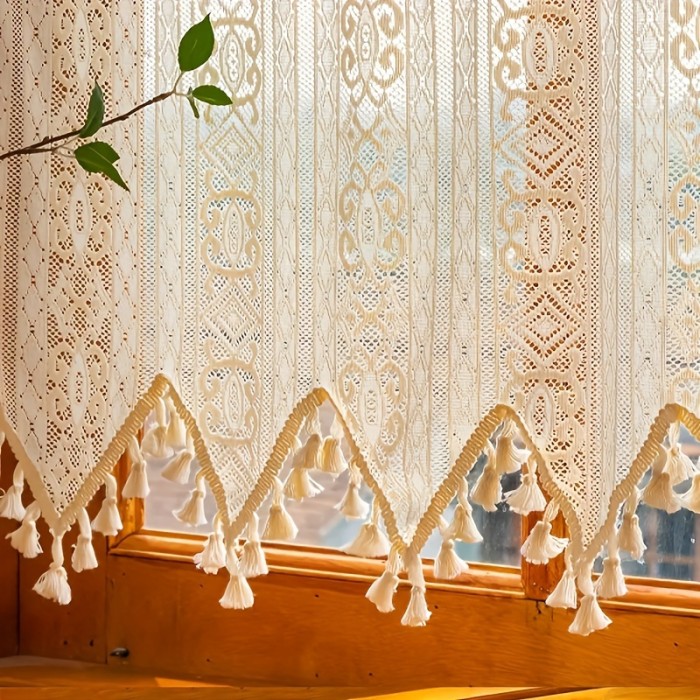 Semi-Sheer Beige Lace Cafe Curtain - Bohemian Chic Rod Pocket Design with Tassels for Easy Hanging, Perfect for Kitchen & Living Room Decor