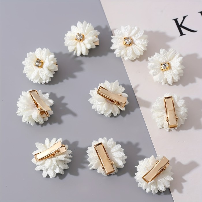 10pcs Fabric Flower Hair Clips Set, Solid Color, Rhinestone Center, Party & Daily Wear - White, Chinese Style Bridal Headwear