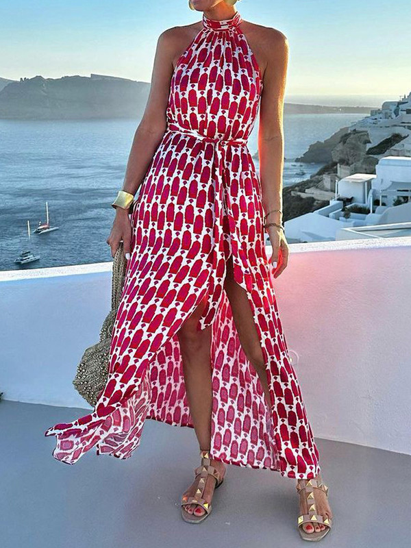 A-Line Loose Pleated Split-Side Tied Waist Halter-Neck Maxi Dresses