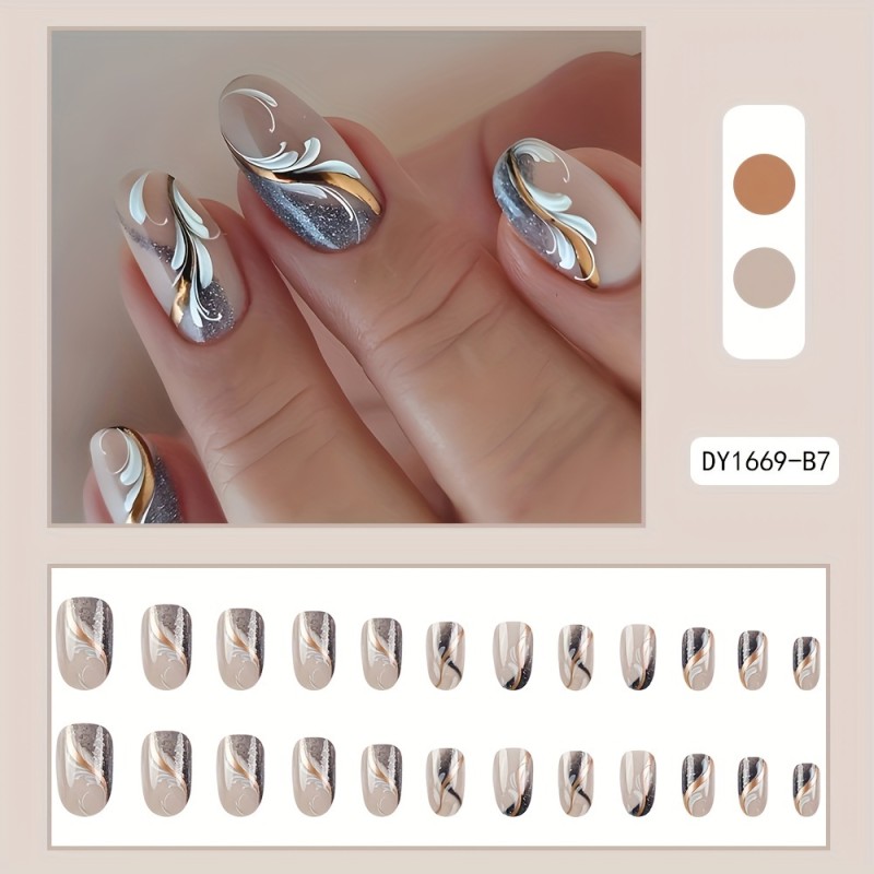 24pcs Glossy Autumn and Winter Medium Oval Press On Nails Silvery Stripe and White Feather Fake Nails Shiny Artificial Reusable False Nails for Women