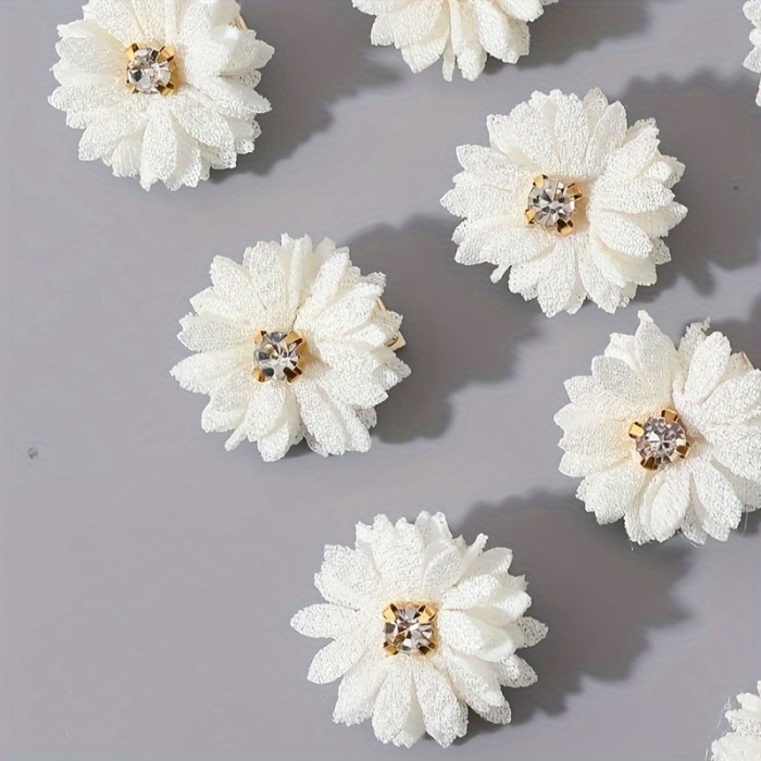 10pcs Fabric Flower Hair Clips Set, Solid Color, Rhinestone Center, Party & Daily Wear - White, Chinese Style Bridal Headwear