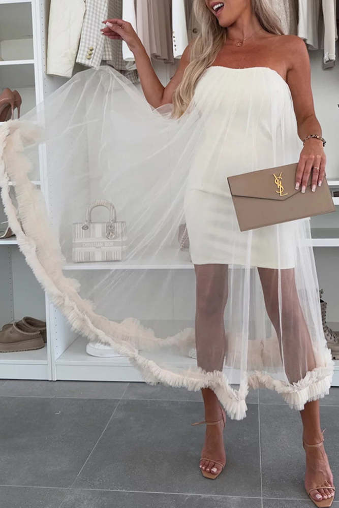 Casual Solid Color Without Belt Mesh Strapless Mesh Dresses(No belt)