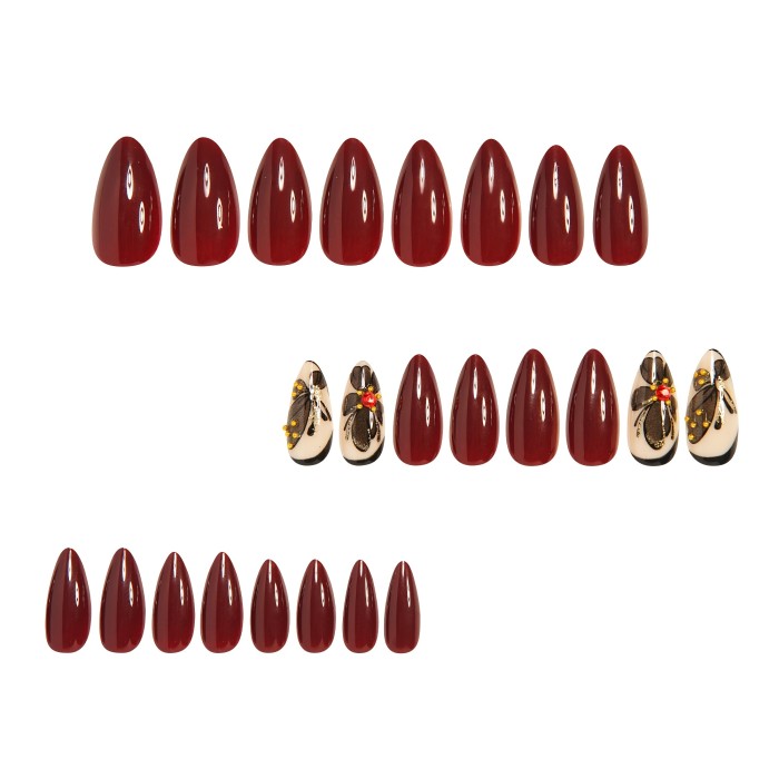 24pcs Chic Red Almond Press-On Nails Set with Golden Butterfly & Rhinestone Accents - Glossy Finish, Medium Length, Includes Jelly Adhesive & Nail File for Easy Application