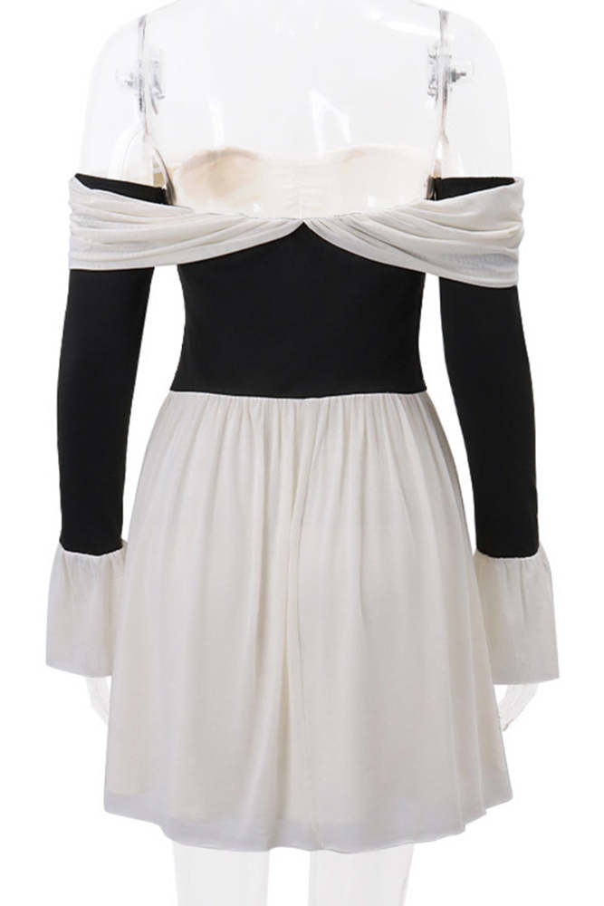 Sexy Backless Contrast Off Shoulder Waist Skirt Dresses