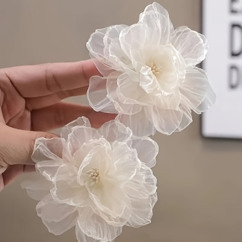 2pcs Bohemian Chic White Mesh Flower Hair Clips - Elegant Ruffled Petal Design, Sweet Floral Hair Accessories for Women and Girls