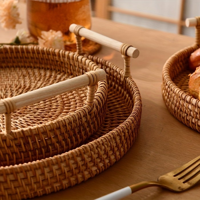 1pc Handmade Rattan Serving Tray - Double Ear Tea Tray, Fruit Plate, Bread Snack Basket, Storage Woven Basket, Heat Insulation, Perfect for Home Kitchen Supplies