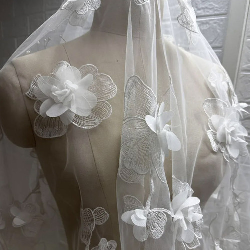 Embroidered 3D Flower Lace Fabric by The Yard - French Tulle Spandex Blend for Wedding Bridal Gown, DIY Dressmaking - Hand Wash Only - 53.1\