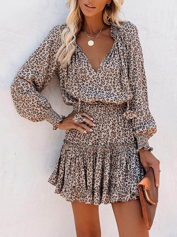 A-Line Long Sleeves Contrast Color Leopard Pleated Split-Joint Tied V-Neck Mini Dresses