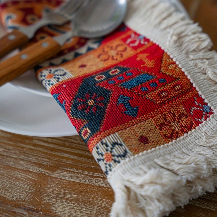 100% Polyester Rectangular Table Runner - Elegant, Red Cashew Pattern, Floral Embroidered with Tassels for Christmas Holiday & Everyday Use