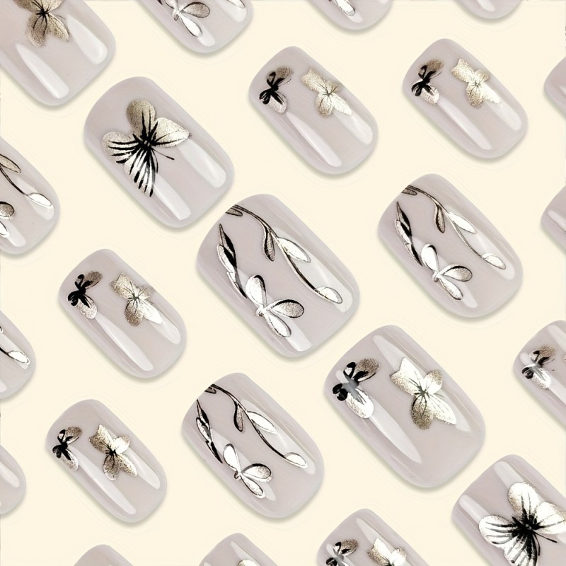 Silvery Glossy 24 Pcs Medium Square Press On Nails - Reusable False Nails For Women - Autumn And Winter Shiny Artificial Butterfly Fake Nails