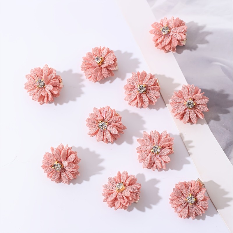 10pcs Fabric Flower Hair Clips Set, Solid Color, Rhinestone Center, Party & Daily Wear - White, Chinese Style Bridal Headwear