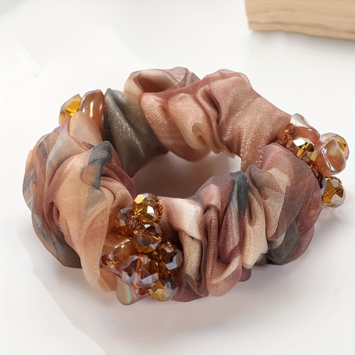 Double-Layer Beaded Hair Tie Elegant Handmade Beaded Double-Layer Hair Tie - Mesh Floral Scrunchie for Women, Colorful Ponytail Holder