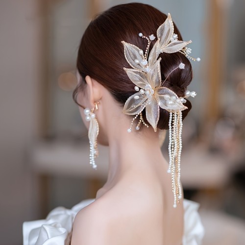 Flower Faux Pearl Tassel Hairclip Earrings Set Bridal Wedding Party Favor Decorations Princess Tiara Cosplay Costumes Hair Accessories