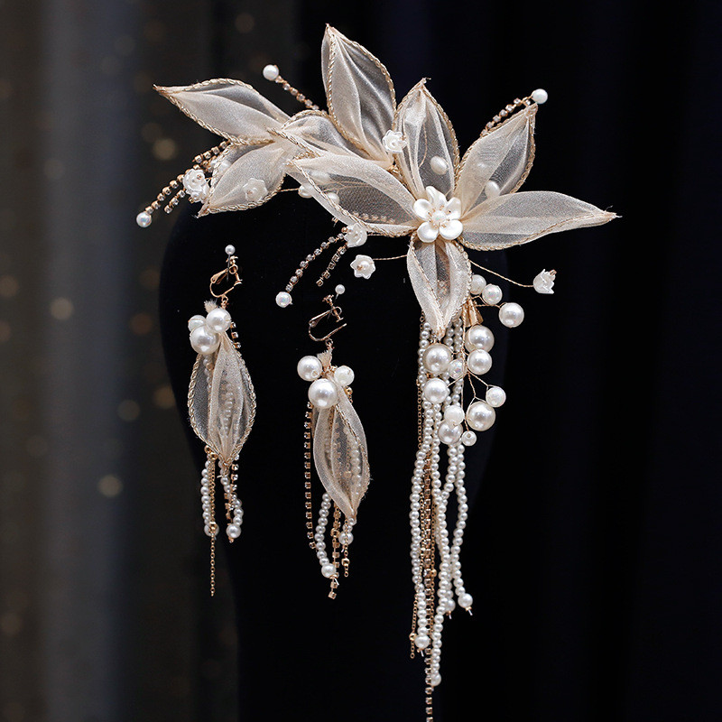 Flower Faux Pearl Tassel Hairclip Earrings Set Bridal Wedding Party Favor Decorations Princess Tiara Cosplay Costumes Hair Accessories