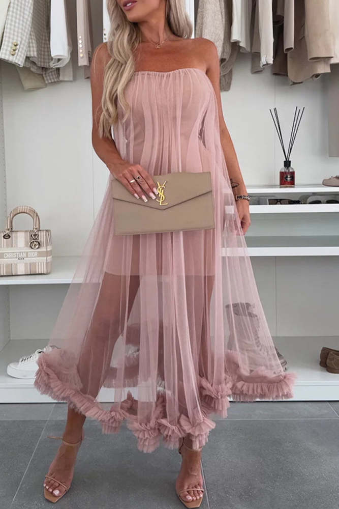 Casual Solid Color Without Belt Mesh Strapless Mesh Dresses(No belt)
