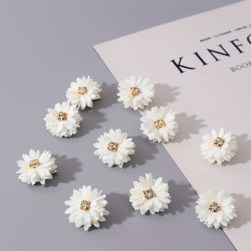 10pcs Fabric Flower Hair Clips Set, Solid Color, Rhinestone Center, Party & Daily Wear - White, Chinese Style Bridal Headwear