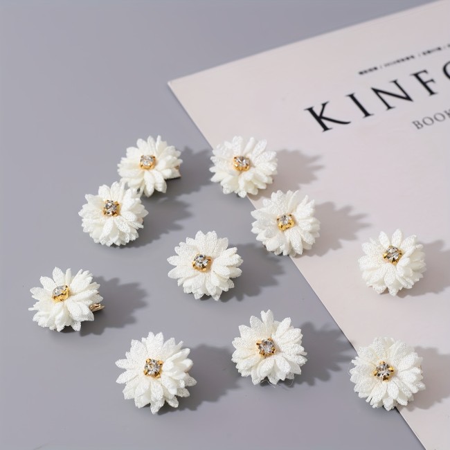 10pcs Fabric Flower Hair Clips Set, Solid Color, Rhinestone Center, Party & Daily Wear - White, Chinese Style Bridal Headwear