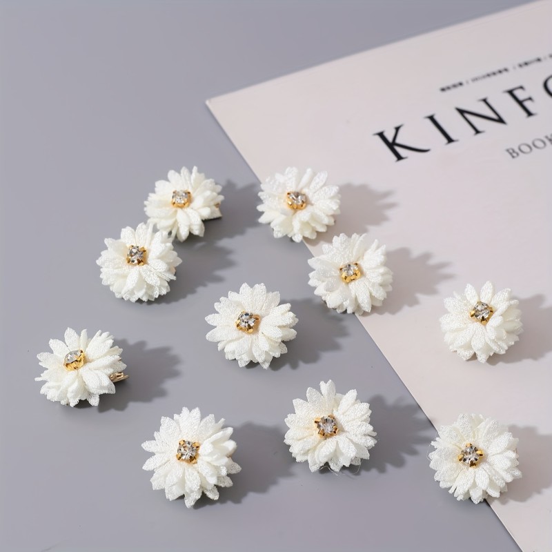 10pcs Fabric Flower Hair Clips Set, Solid Color, Rhinestone Center, Party & Daily Wear - White, Chinese Style Bridal Headwear