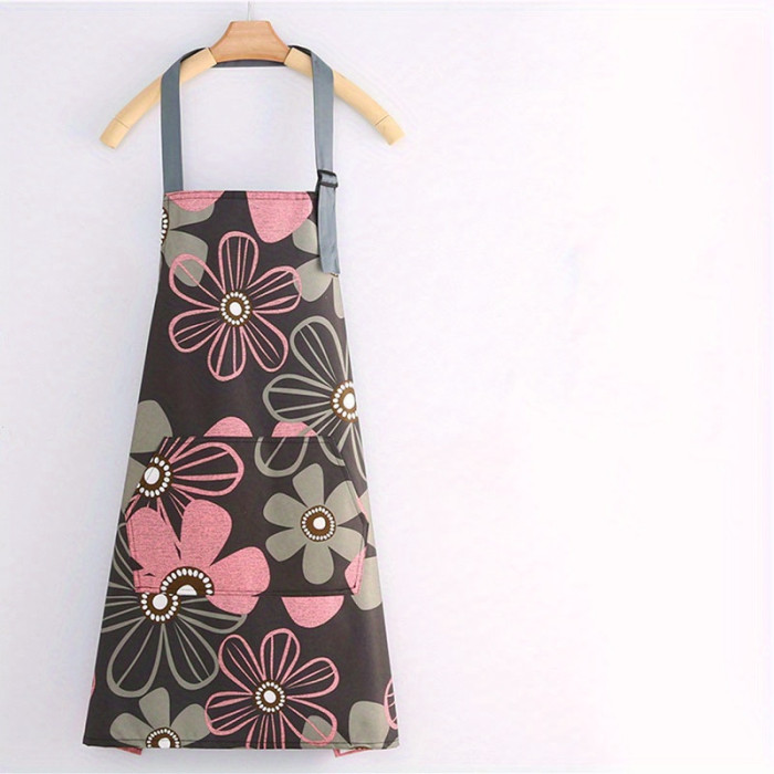 Floral & Heart Print Apron - Adjustable Neck Strap, Large Pocket, Easy-Clean PVC, Stylish Kitchen Accessory for Cooking & Gardening, 1pc