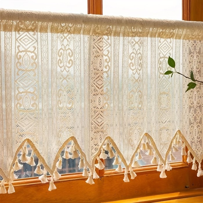 Semi-Sheer Beige Lace Cafe Curtain - Bohemian Chic Rod Pocket Design with Tassels for Easy Hanging, Perfect for Kitchen & Living Room Decor