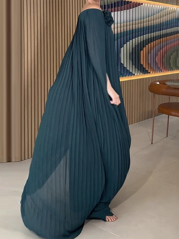 Loose Gauze Pleated Solid Color Tiered Off-The-Shoulder Evening Dresses Maxi Dresses