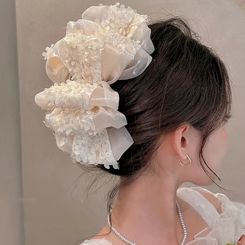 1pc Elegant Vintage Butterfly Bow Hair Claw Clip, Large Size Plastic Shark Clip with Strong Grip for Thick Hair, Fashionable Solid Color Accessory, Hair Accessory | Butterfly Bow Design | Lace Fabric Clip