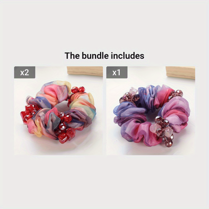 Double-Layer Beaded Hair Tie Elegant Handmade Beaded Double-Layer Hair Tie - Mesh Floral Scrunchie for Women, Colorful Ponytail Holder