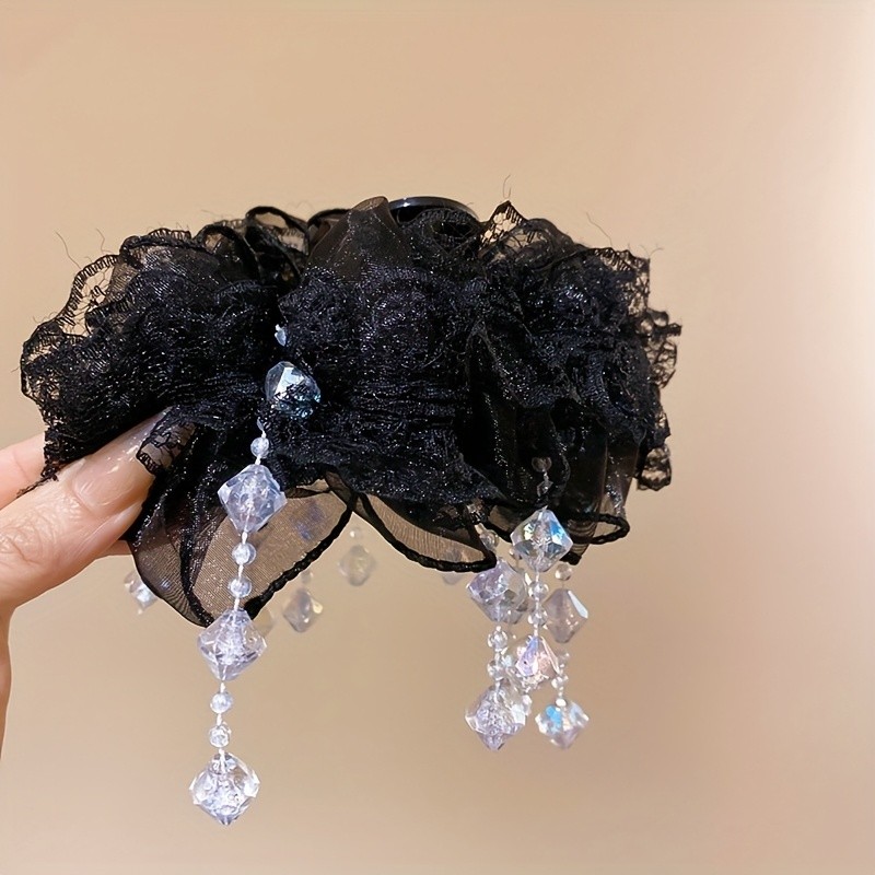 1pc Elegant French Luxury Princess Style Acrylic Mesh Lace Ruffle Tassel Hair Claw, Sweet Medium Size Single Piece Solid Color Hair Accessory