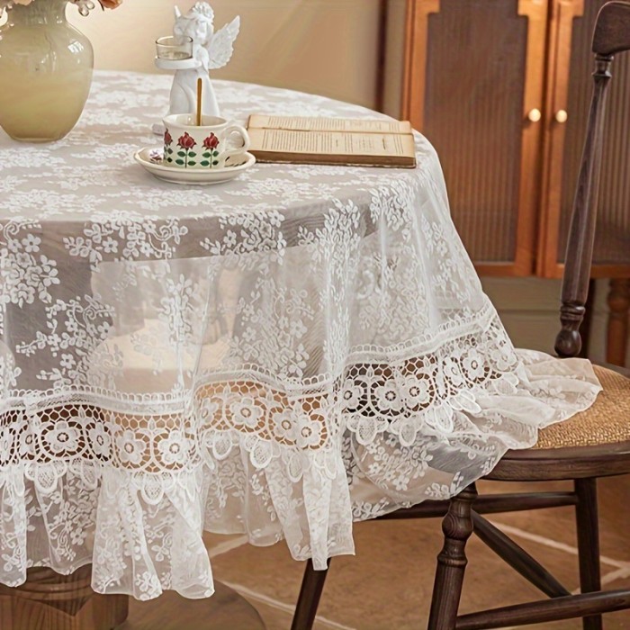 60-inch Handmade Lace Tablecloth 1pc White Lace Embroidered Round Tablecloth, 60-inch Polyester, Handmade Floral Pattern, Vintage Charm for Dining Room, Bedroom, Cafe, Party Decor, Polyester Cover, Woven Fabric, Circular Shape
