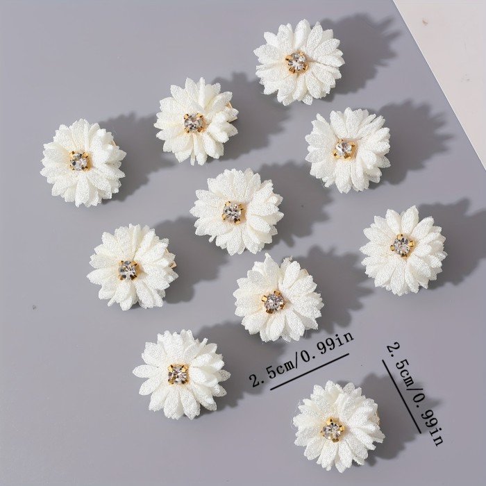 10pcs Fabric Flower Hair Clips Set, Solid Color, Rhinestone Center, Party & Daily Wear - White, Chinese Style Bridal Headwear